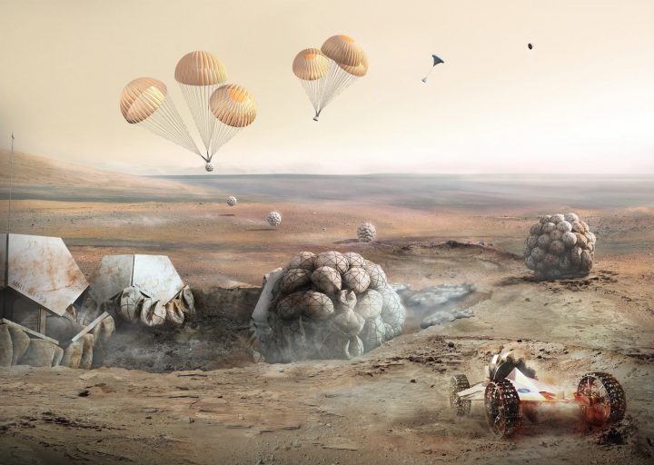 Foster Partners Mars Pod Step 2 Entry descent and landing of habitat units. Airbags are used for soft